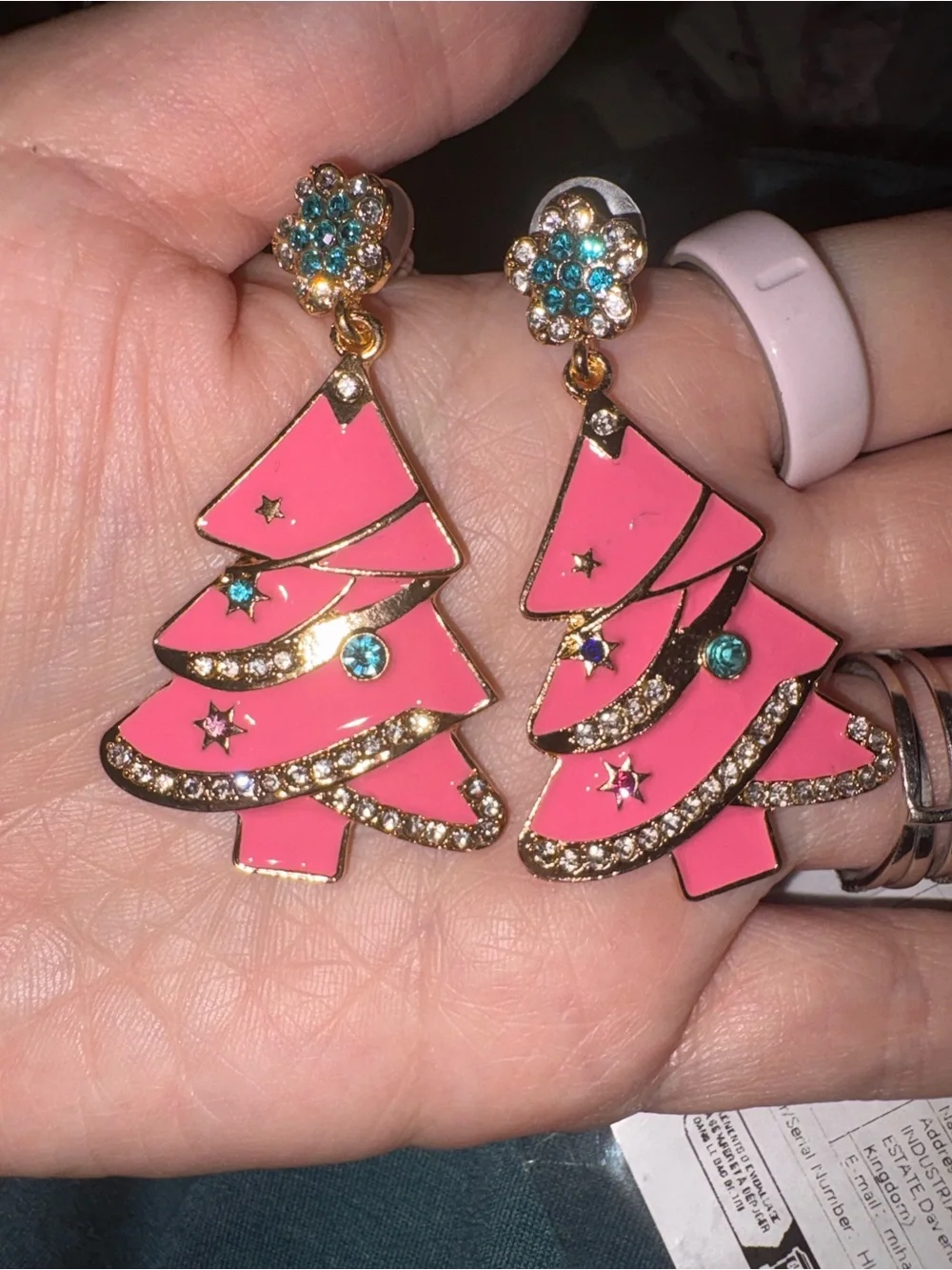 Pink Enamel Christmas Tree Drop Earrings with Teal Accents